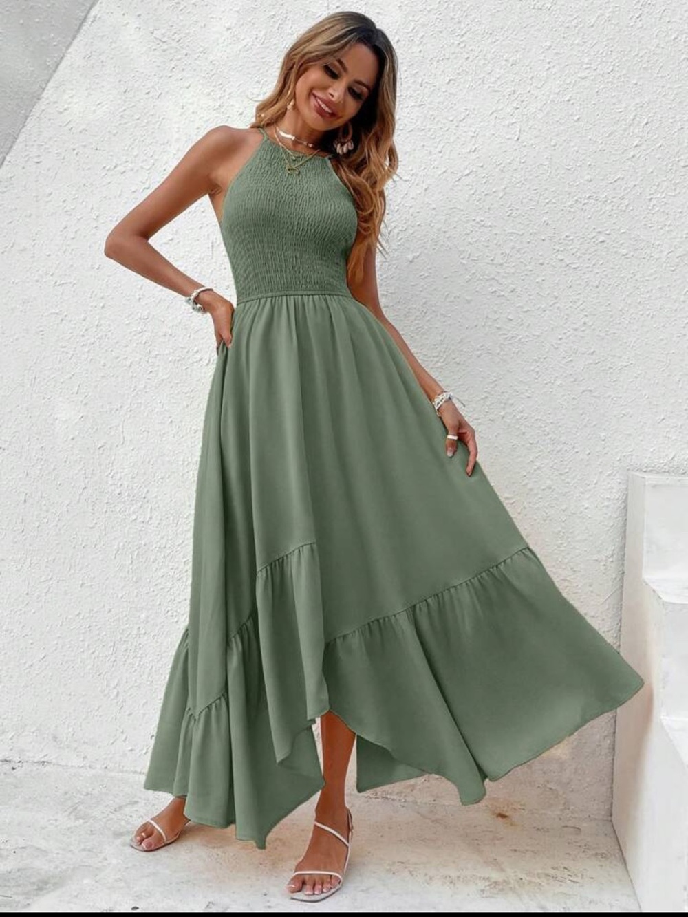 SHEIN Olive Green Smocked Halter High-Low Maxi Dress